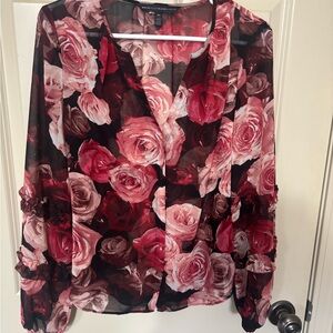 WHBM Floral Sheer Button-Front Blouse in Red/Pink